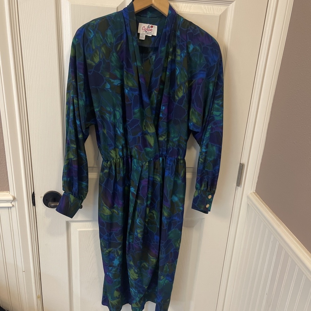 Vintage Caron Shirt Dress Womens S/M*  Satin Floral Long Sleeve USA